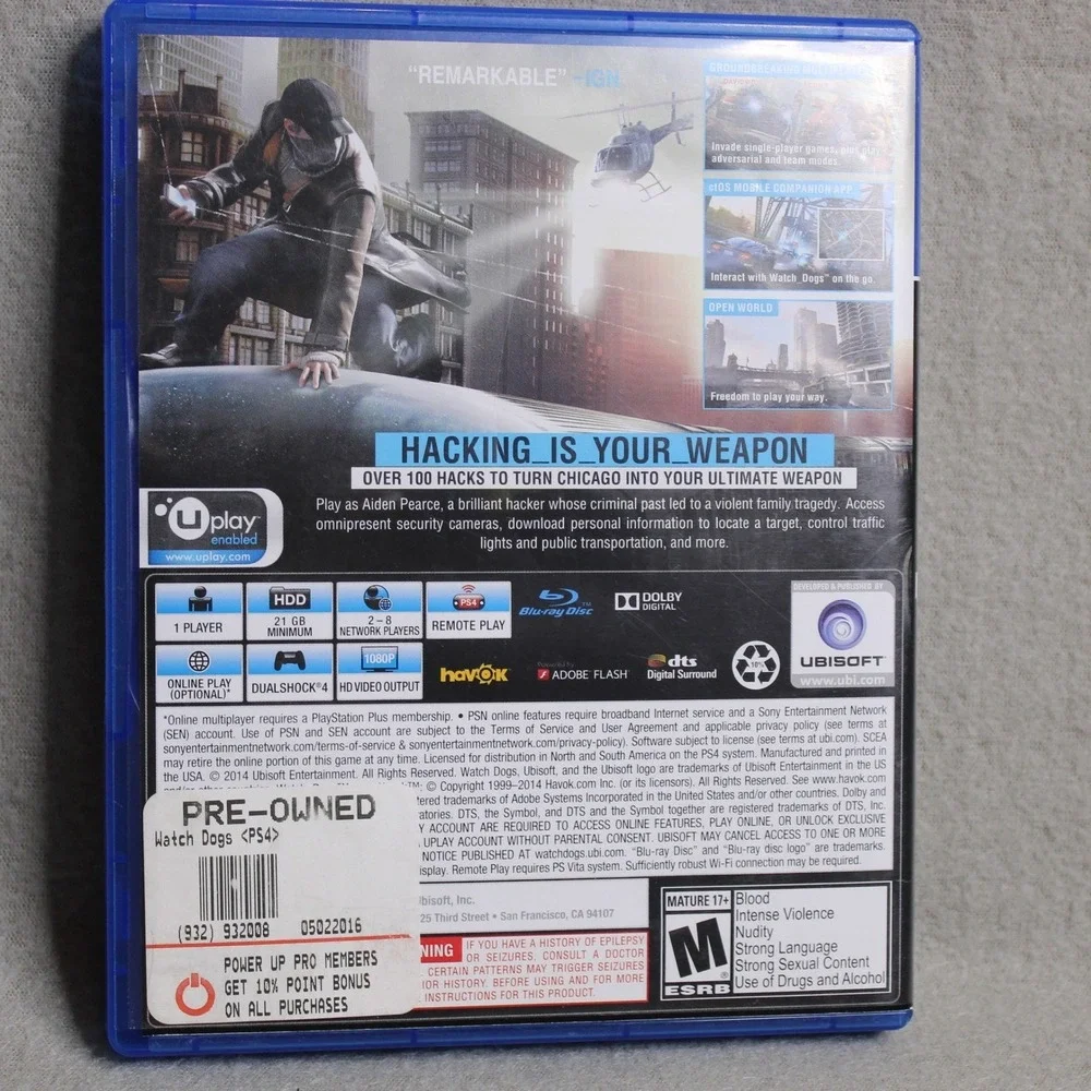 Watch Dogs PS4 Exclusive Edition Sony PlayStation 4 Ubisoft Action Adventure